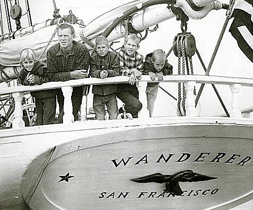 Sterling Hayden and his kids on the stern of Wanderer
