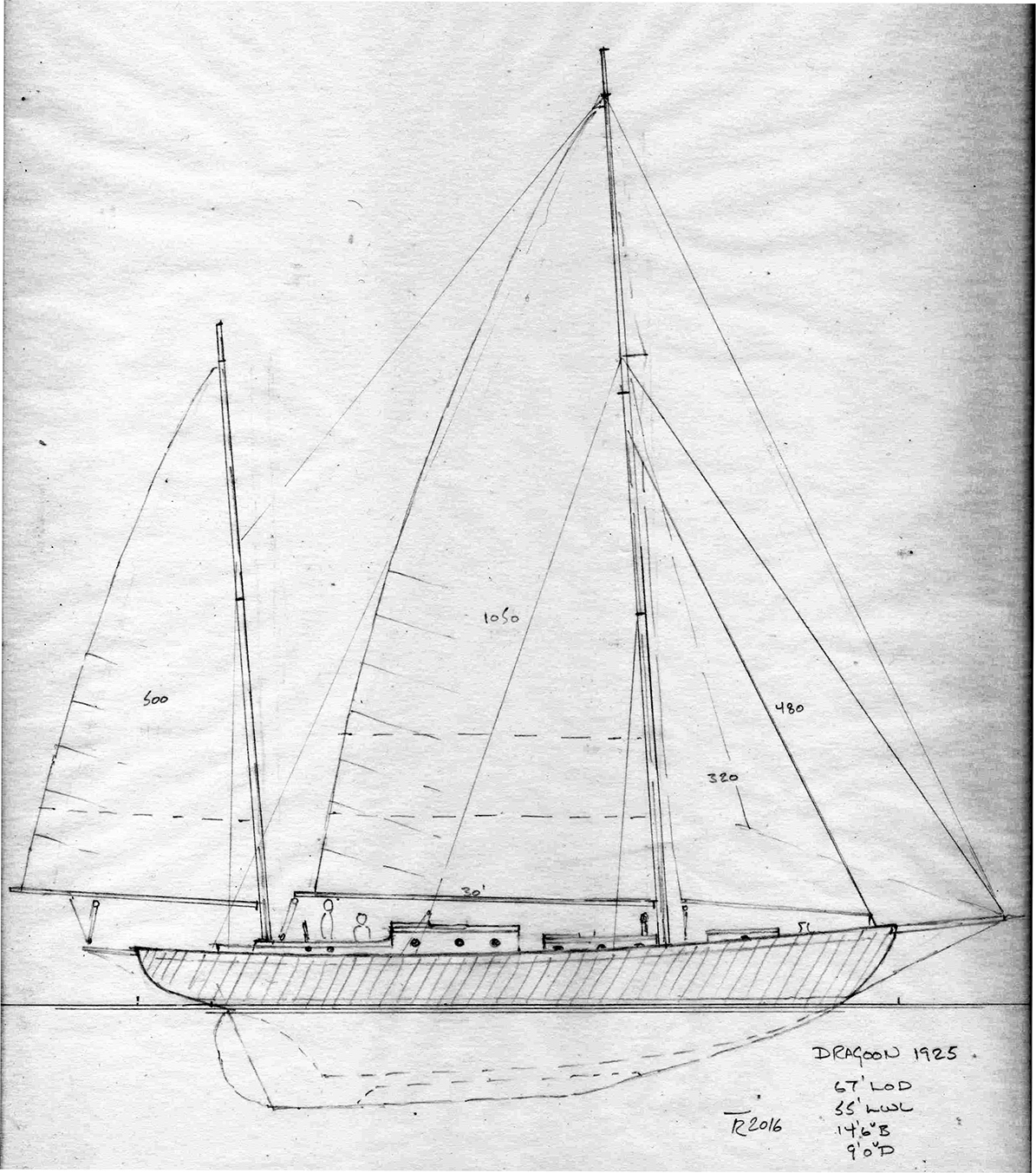 Sketch Sailplan of Dragoon re-created by Tad Roberts